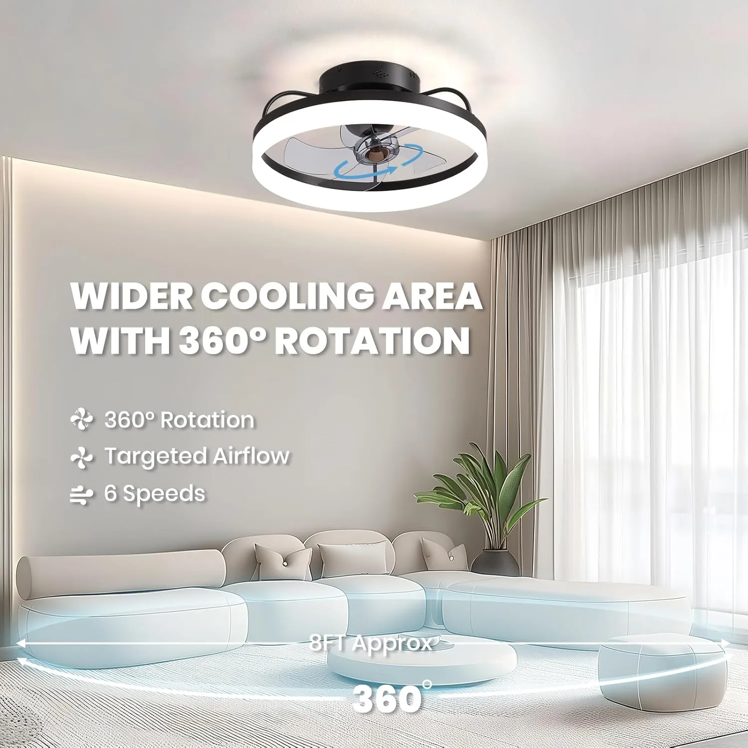 Ceiling Fans with Lights, 360 Rotating Ceiling Fan with Lights and Remote, 6 Wind Speeds Flush Mount Ceiling Fan for Bedroom, Dining Room and Kitchen 20" (Black)