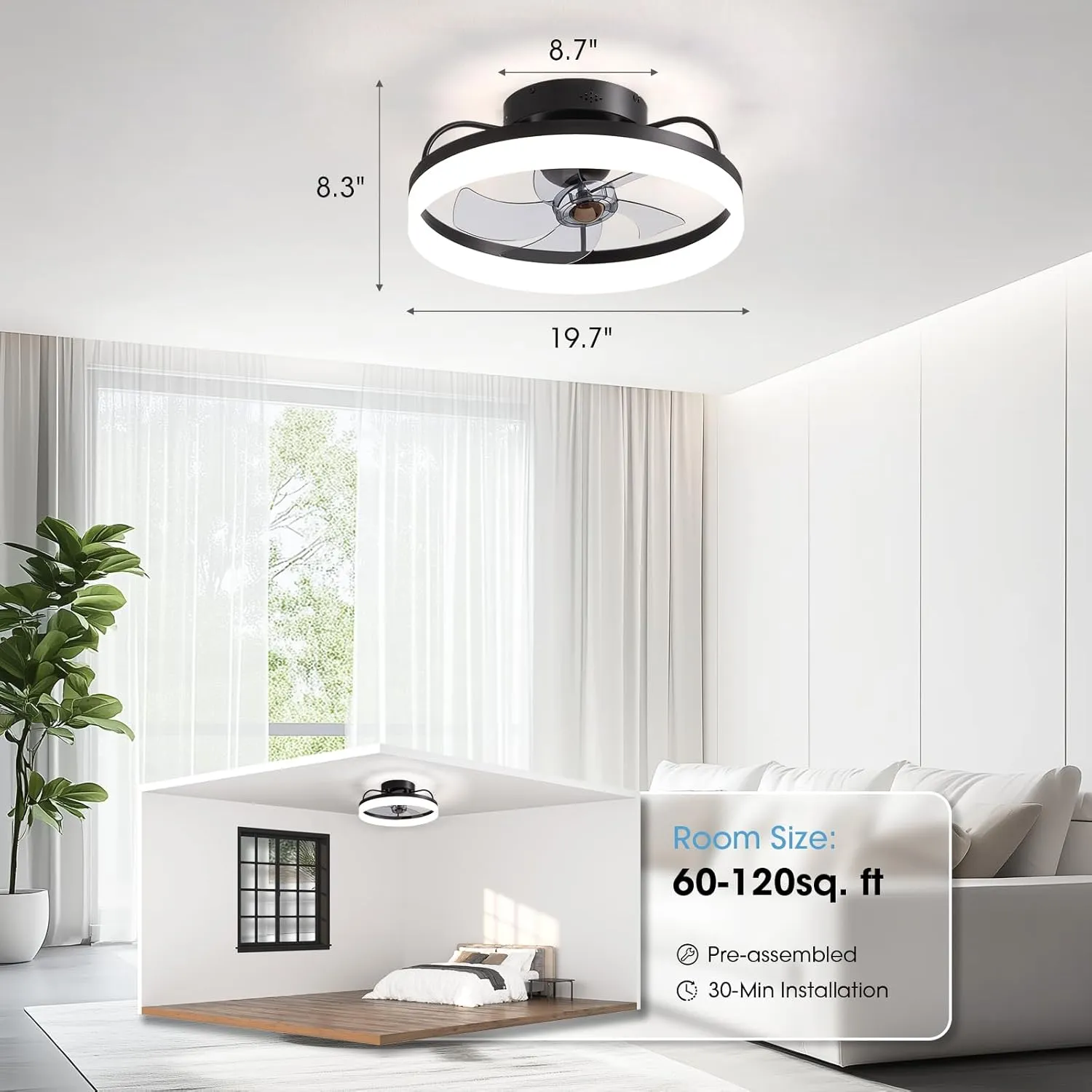 Ceiling Fans with Lights, 360 Rotating Ceiling Fan with Lights and Remote, 6 Wind Speeds Flush Mount Ceiling Fan for Bedroom, Dining Room and Kitchen 20" (Black)