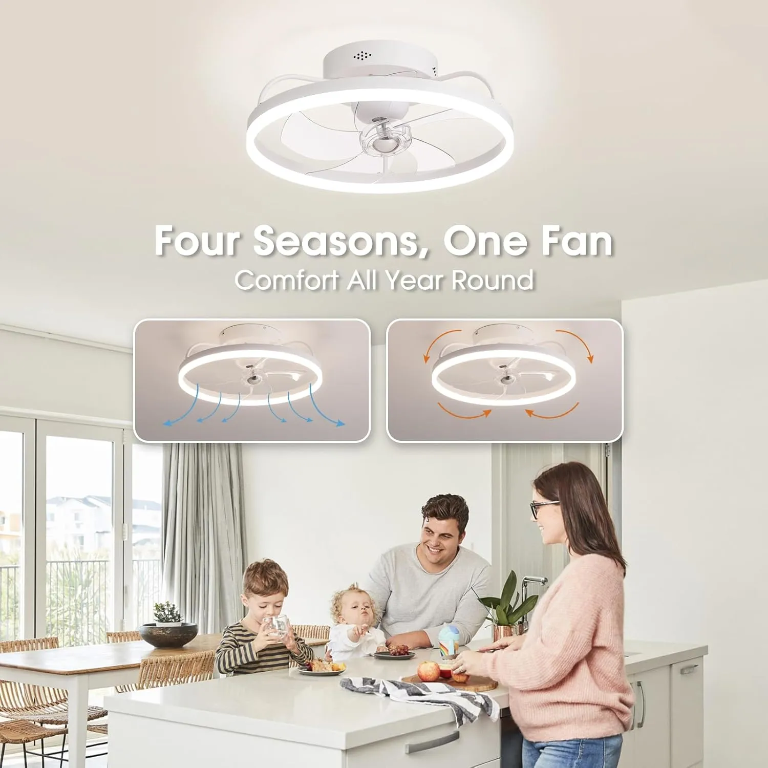 Ceiling Fans with Lights, 360 Rotating Ceiling Fan with Lights and Remote, 6 Wind Speeds Flush Mount Ceiling Fan for Bedroom, Dining Room and Kitchen 20" (White)