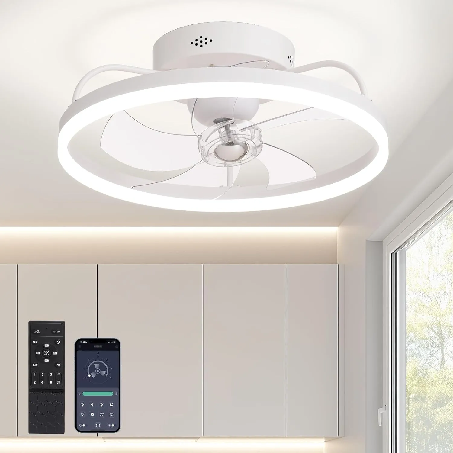 Ceiling Fans with Lights, 360 Rotating Ceiling Fan with Lights and Remote, 6 Wind Speeds Flush Mount Ceiling Fan for Bedroom, Dining Room and Kitchen 20" (White) 360-degree rotating fan for home use