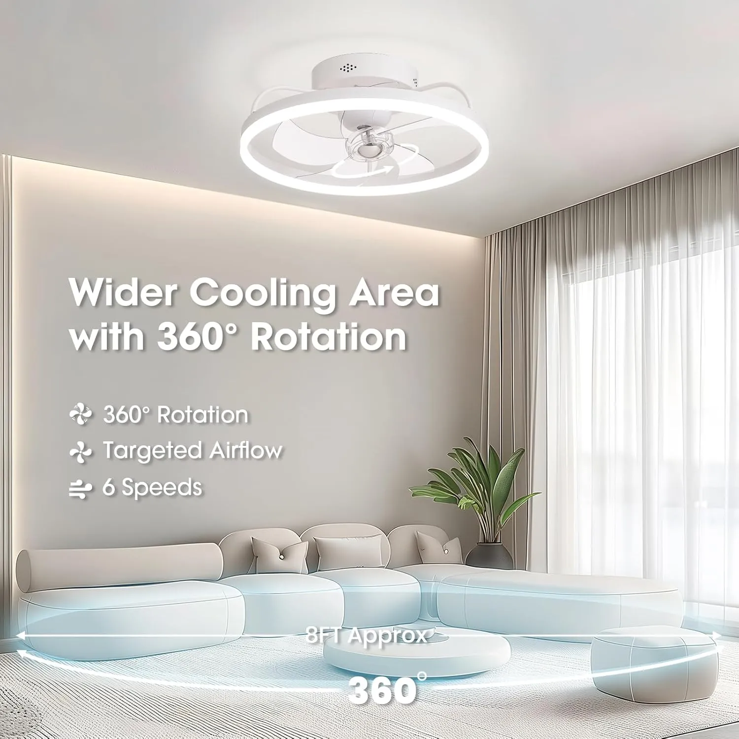 Ceiling Fans with Lights, 360 Rotating Ceiling Fan with Lights and Remote, 6 Wind Speeds Flush Mount Ceiling Fan for Bedroom, Dining Room and Kitchen 20" (White)
