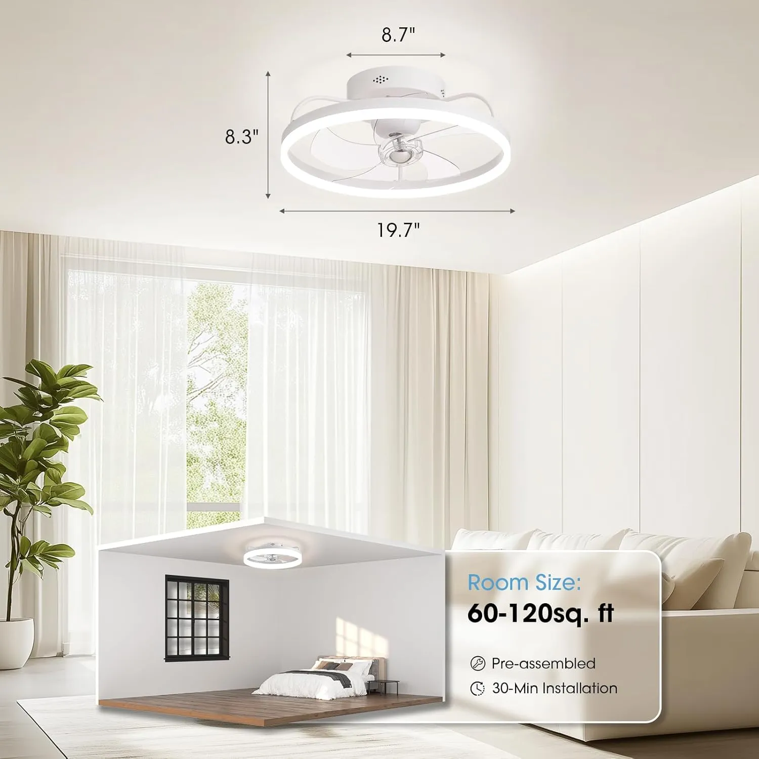 Ceiling Fans with Lights, 360 Rotating Ceiling Fan with Lights and Remote, 6 Wind Speeds Flush Mount Ceiling Fan for Bedroom, Dining Room and Kitchen 20" (White)