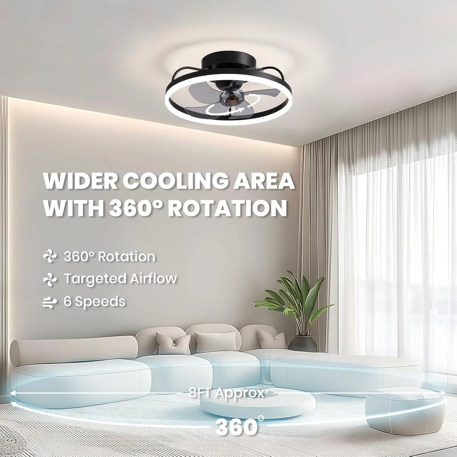 Ceiling Fans with Lights, 360 Rotating Ceiling Fan with Lights and Remote, 6 Wind Speeds Flush Mount Ceiling Fan for Bedroom, Kitchen and Kids Room 20" (White)