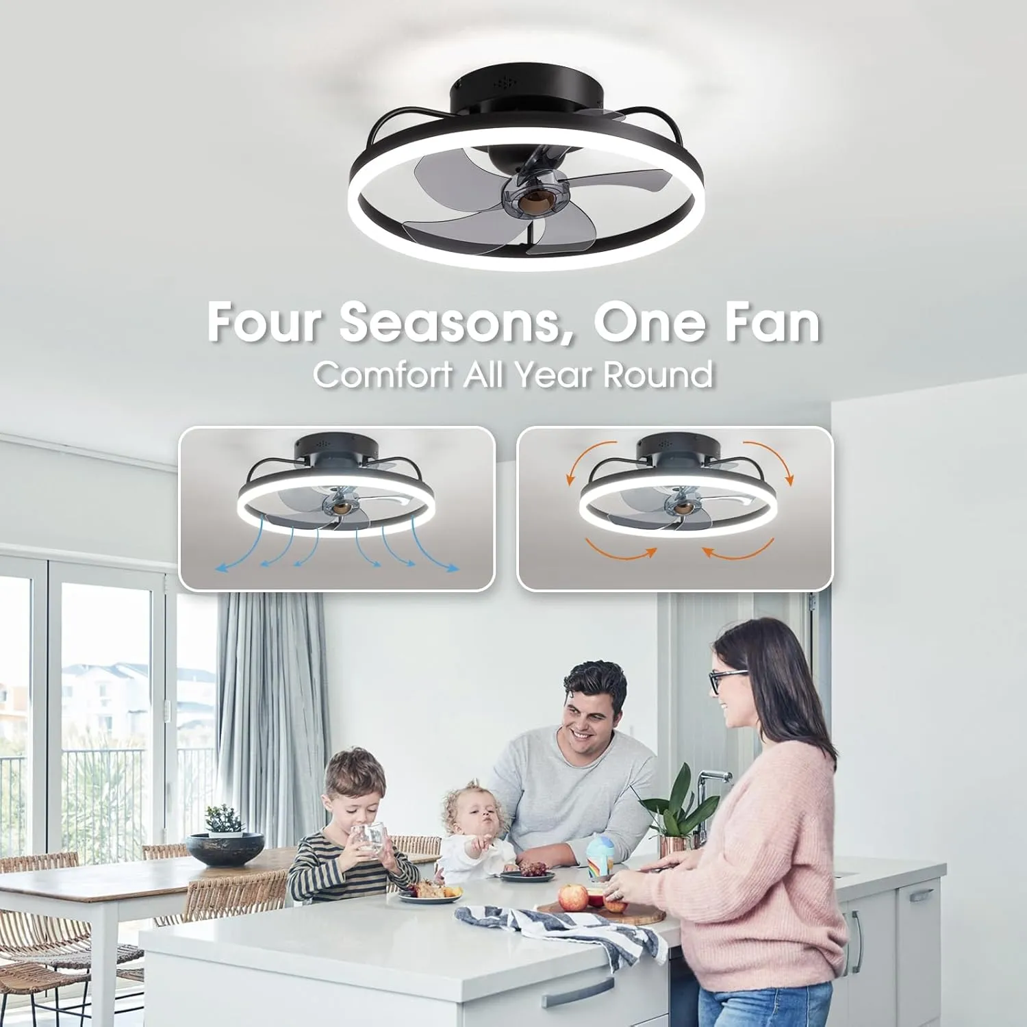 Ceiling Fans with Lights, 360 Rotating Ceiling Fan with Lights and Remote, 6 Wind Speeds Flush Mount Ceiling Fan for Bedroom, Kitchen and Kids Room 20" (White)
