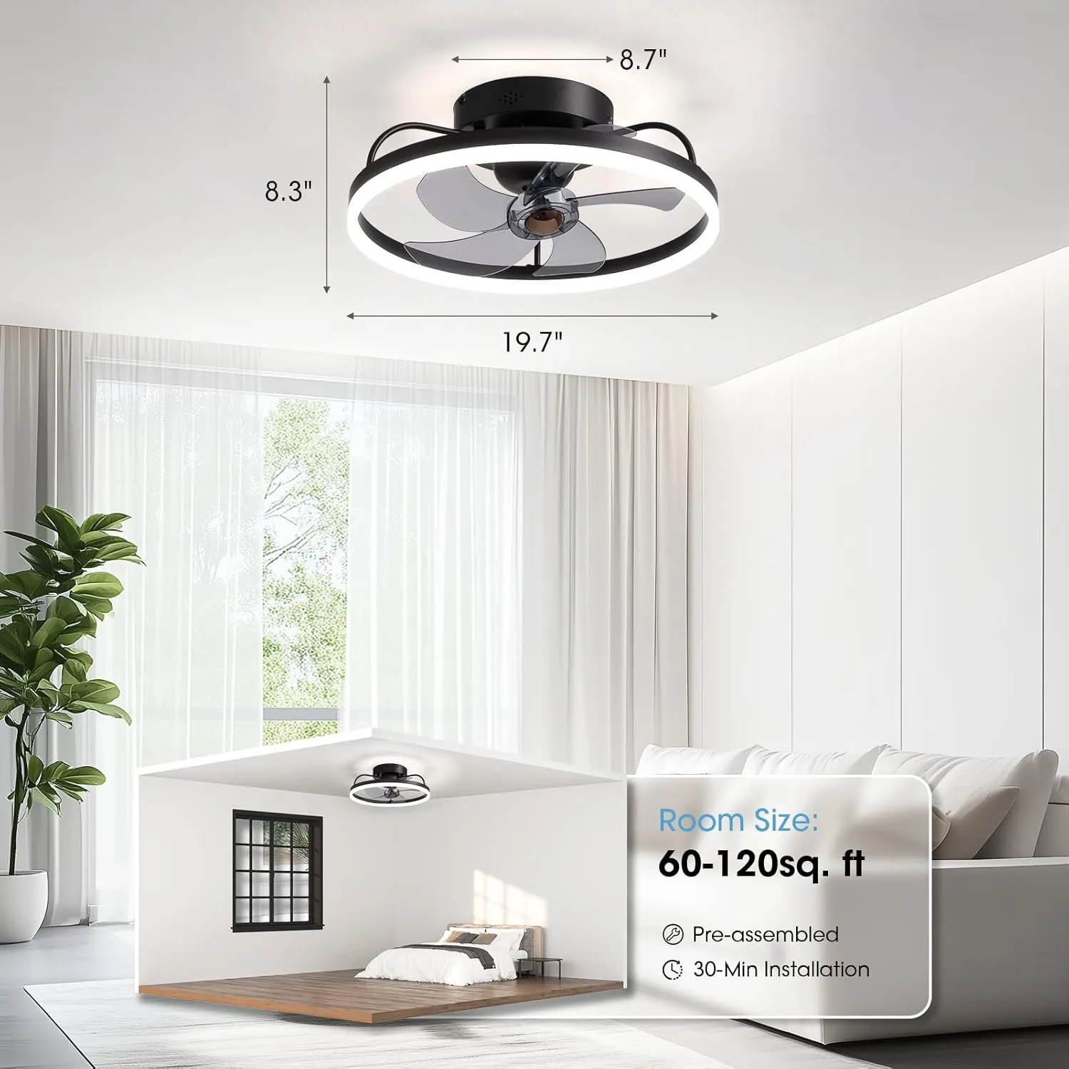 Ceiling Fans with Lights, 360 Rotating Ceiling Fan with Lights and Remote, 6 Wind Speeds Flush Mount Ceiling Fan for Bedroom, Kitchen and Kids Room 20" (White)
