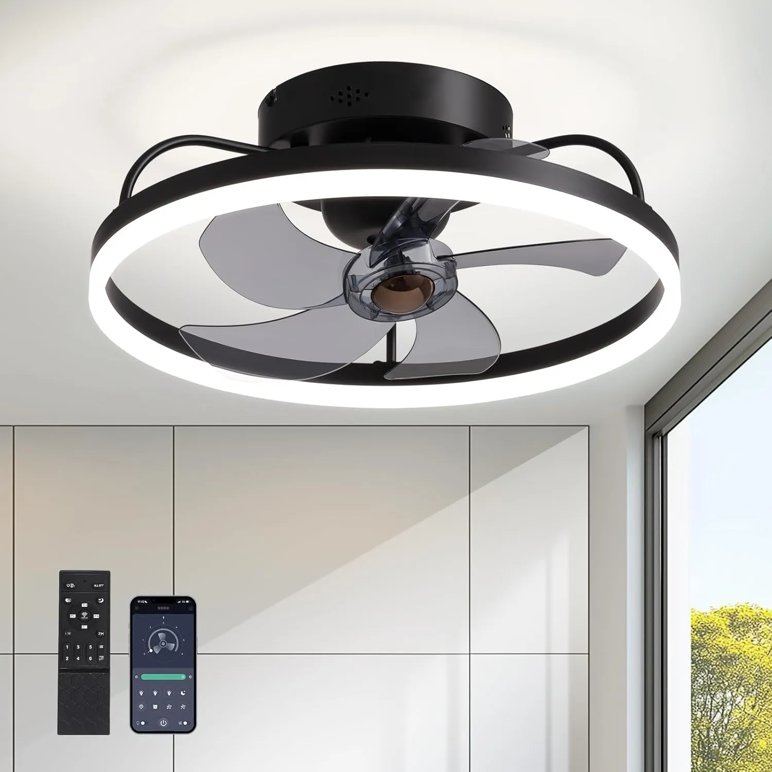 Ceiling Fans with Lights, 360 Rotating Ceiling Fan with Lights and Remote, 6 Wind Speeds Flush Mount Ceiling Fan for Bedroom, Kitchen and Kids Room 20" (White) 360-degree rotating fan for home use