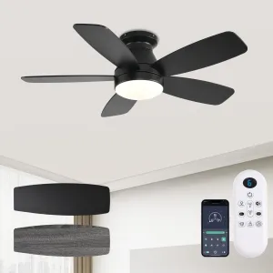 Ceiling Fans with Lights, 42 Inch Low Profile Ceiling Fan with Light and Remote/App Control, Flush Mount, Reversible, 3CCT, Dimmable, Noiseless, Black Ceiling Fan for Indoor/Outdoor Use App-controlled remote fan for convenience