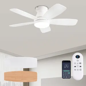 Ceiling Fans with Lights, 42 Inch Low Profile Ceiling Fan with Light and Remote/App Control, Flush Mount, Reversible, 3CCT, Dimmable, Noiseless, White Ceiling Fan for Indoor/Outdoor Use App-controlled remote fan for convenience