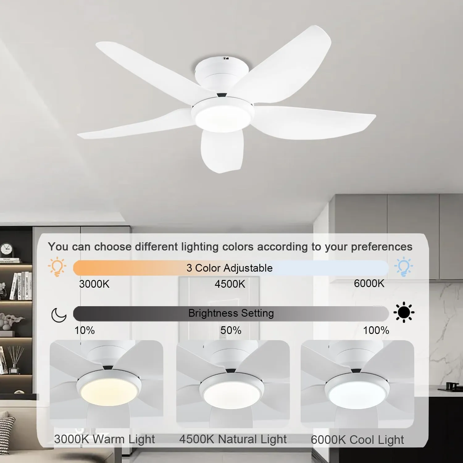Ceiling Fans with Lights, 43 Inch Low Profile Ceiling Fan with Light and Remote/App Control, Flush Mount, Reversible DC Motor, 3CCT, Dimmable, Noiseless, White Ceiling Fan for Indoor/Outdoor Use