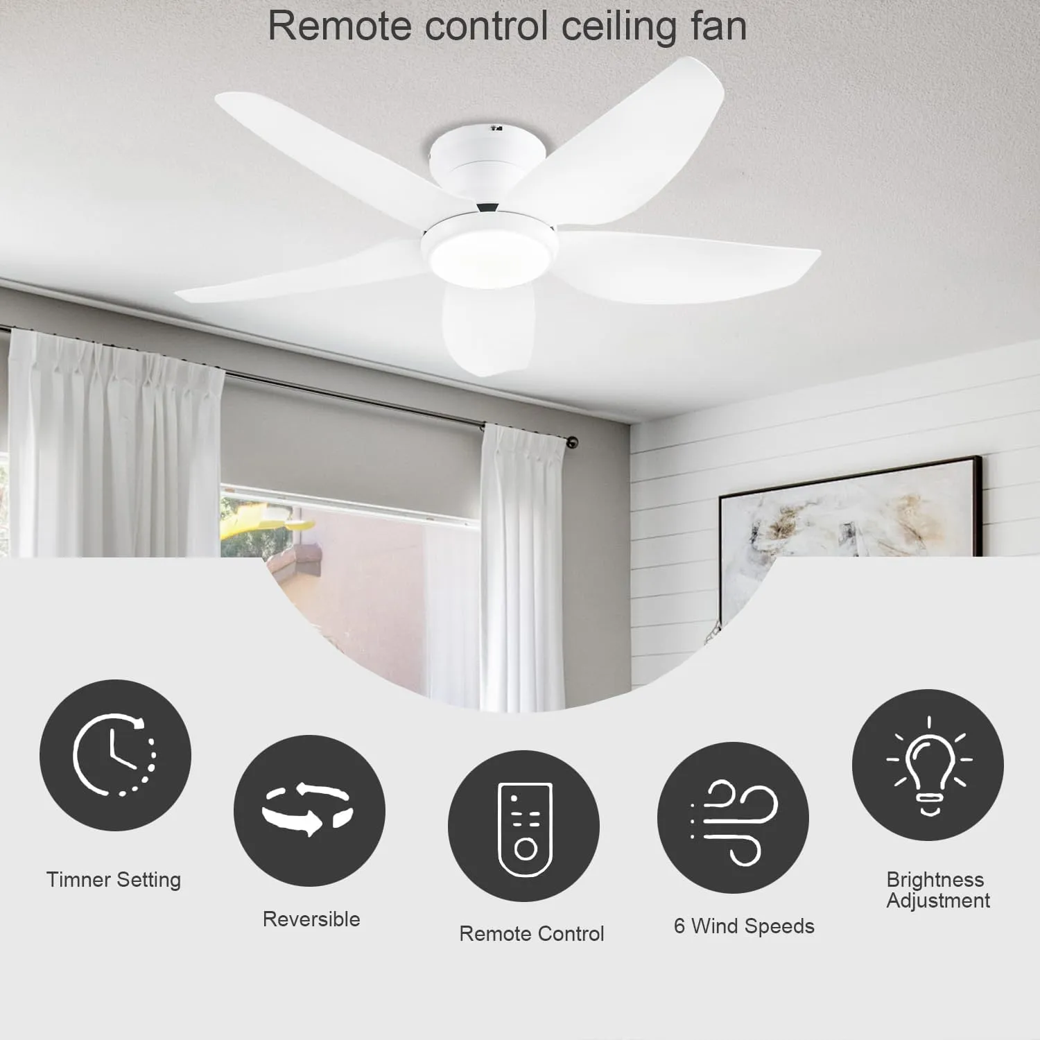 Ceiling Fans with Lights, 43 Inch Low Profile Ceiling Fan with Light and Remote/App Control, Flush Mount, Reversible DC Motor, 3CCT, Dimmable, Noiseless, White Ceiling Fan for Indoor/Outdoor Use