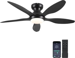 Ceiling Fans with Lights, 46 inch Modern Black Low Profile Ceiling Fan with Light and Remote App Control, Flush Mount, Quiet DC Reversible, Dim Led Ceiling Fan for Bedroom Kitchen Indoor/Outdoor Patio App-controlled remote fan for convenience