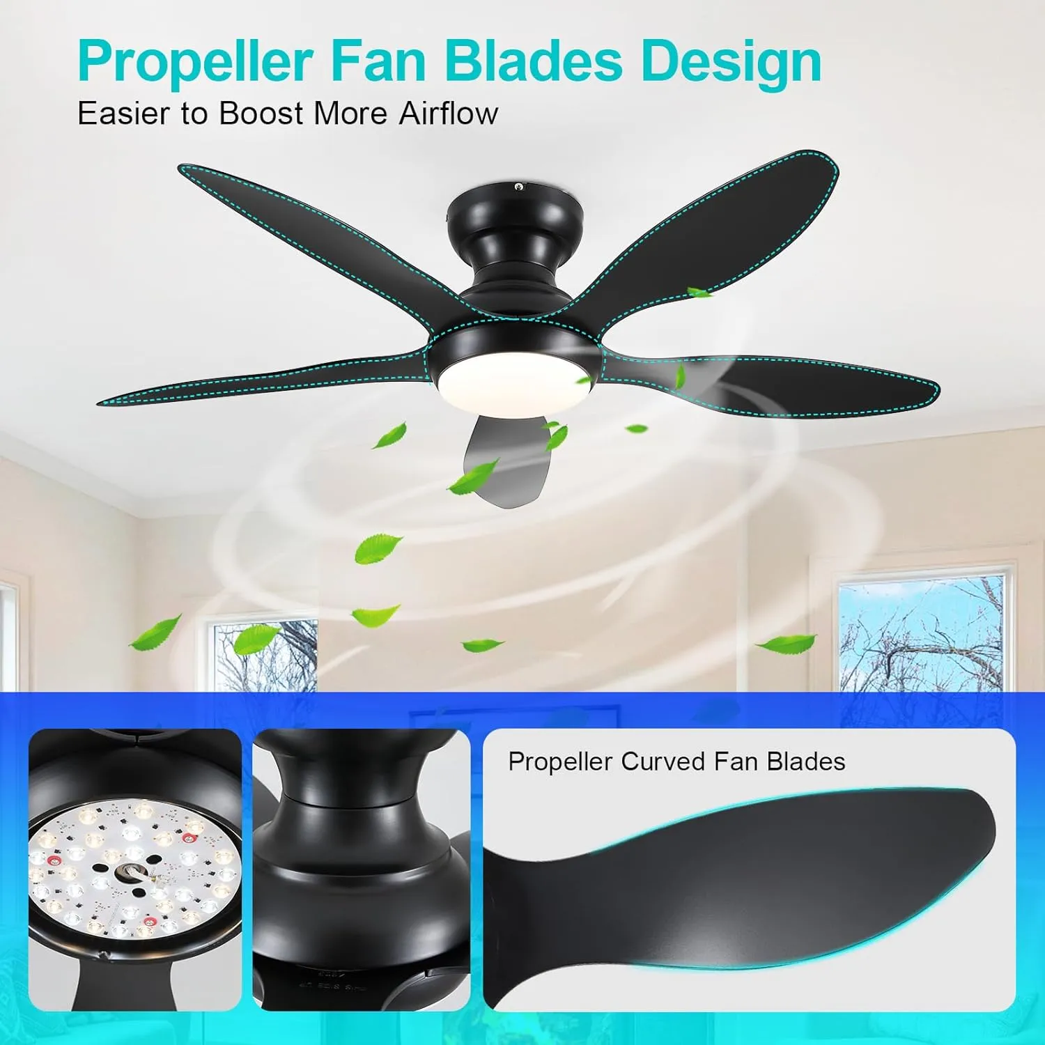 Ceiling Fans with Lights, 46 inch Modern Black Low Profile Ceiling Fan with Light and Remote App Control, Flush Mount, Quiet DC Reversible, Dim Led Ceiling Fan for Bedroom Kitchen Indoor/Outdoor Patio