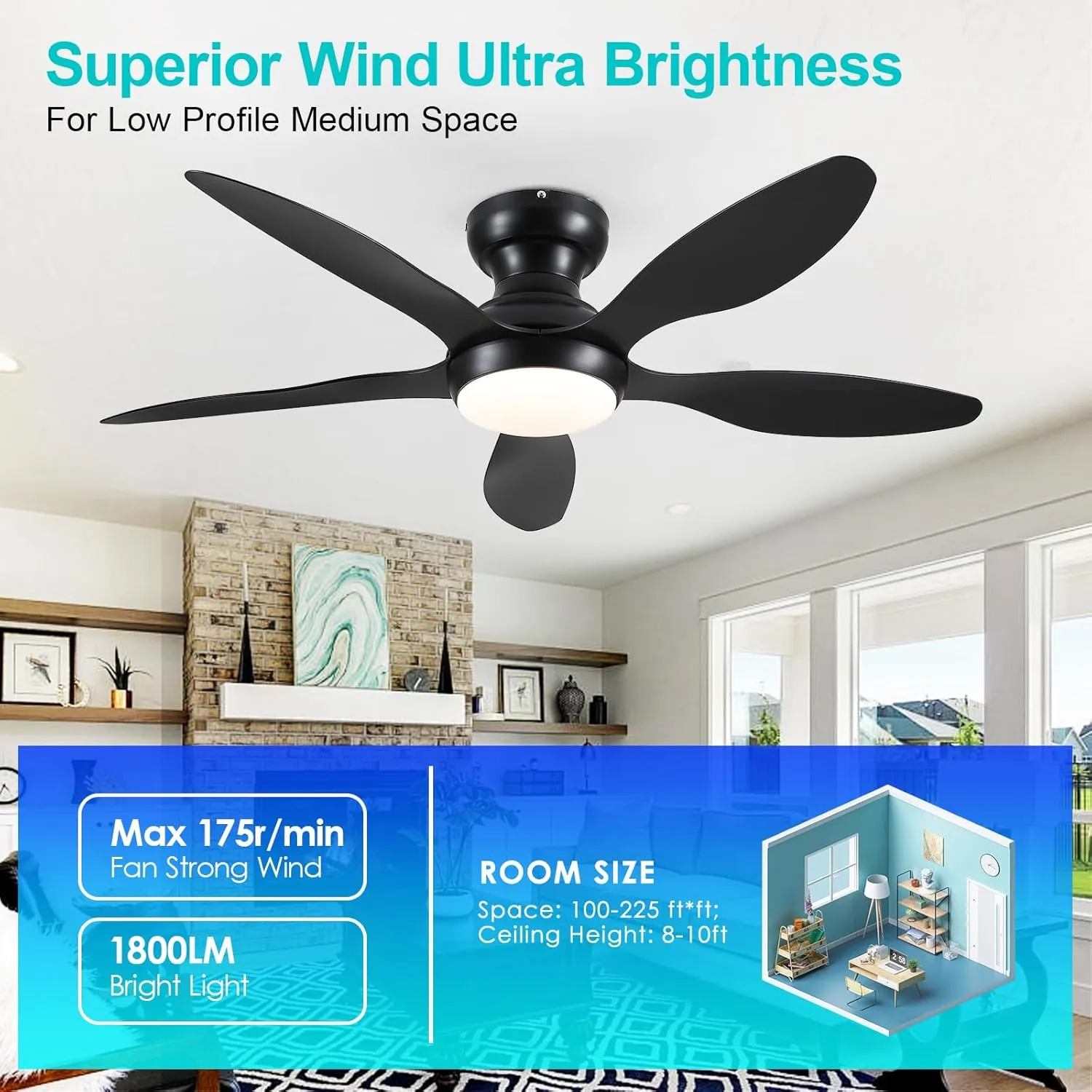 Ceiling Fans with Lights, 46 inch Modern Black Low Profile Ceiling Fan with Light and Remote App Control, Flush Mount, Quiet DC Reversible, Dim Led Ceiling Fan for Bedroom Kitchen Indoor/Outdoor Patio