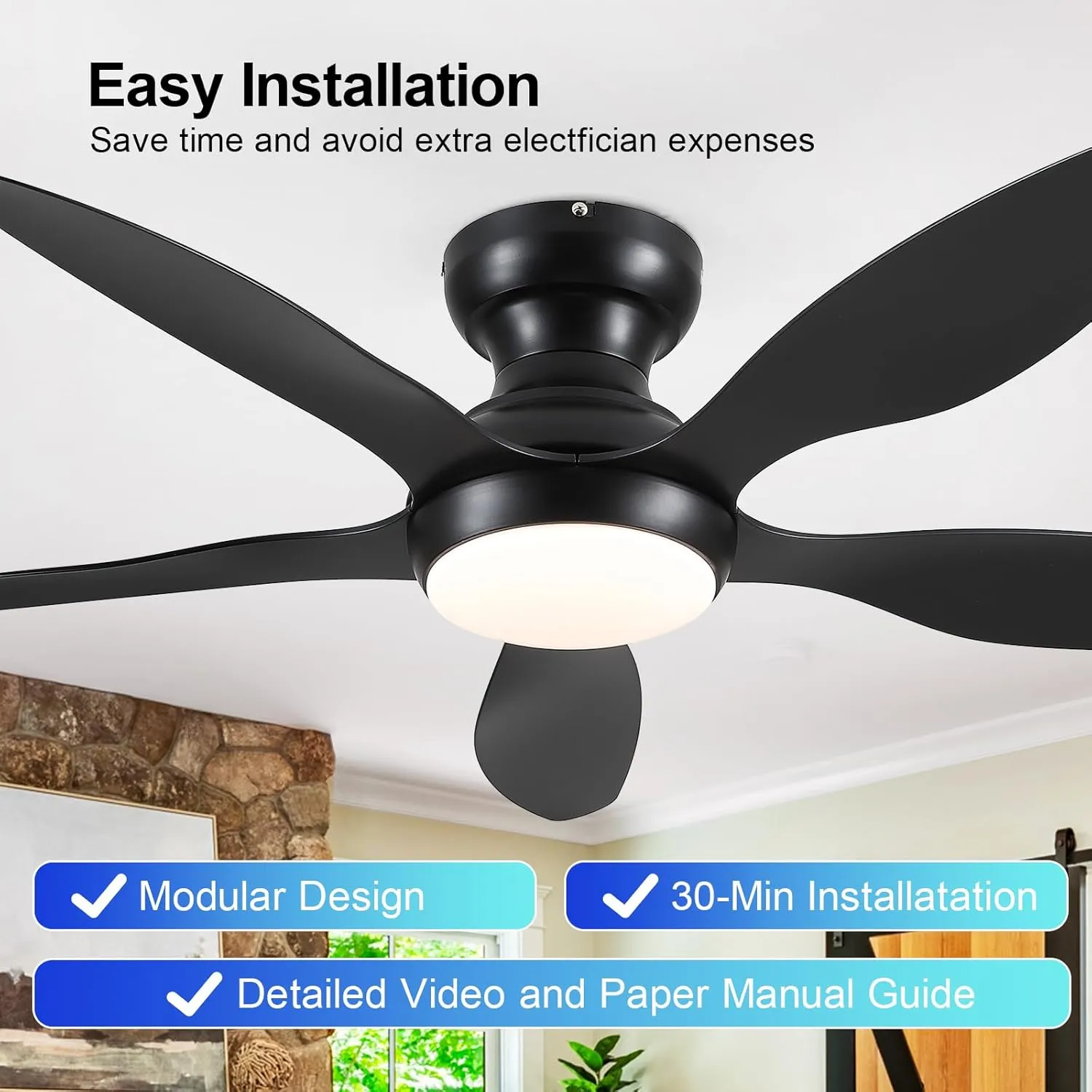 Ceiling Fans with Lights, 46 inch Modern Black Low Profile Ceiling Fan with Light and Remote App Control, Flush Mount, Quiet DC Reversible, Dim Led Ceiling Fan for Bedroom Kitchen Indoor/Outdoor Patio