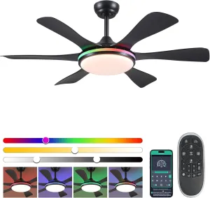 Ceiling Fans with Lights-47 Low Profile Ceiling Fan with 7-Color RGB Light and Remote/APP Control,Flush Mount,DC Reversible,LED Dimmable Black Ceiling Fans for Bedroom,Indoor/Outdoor Patio App-controlled remote fan for convenience
