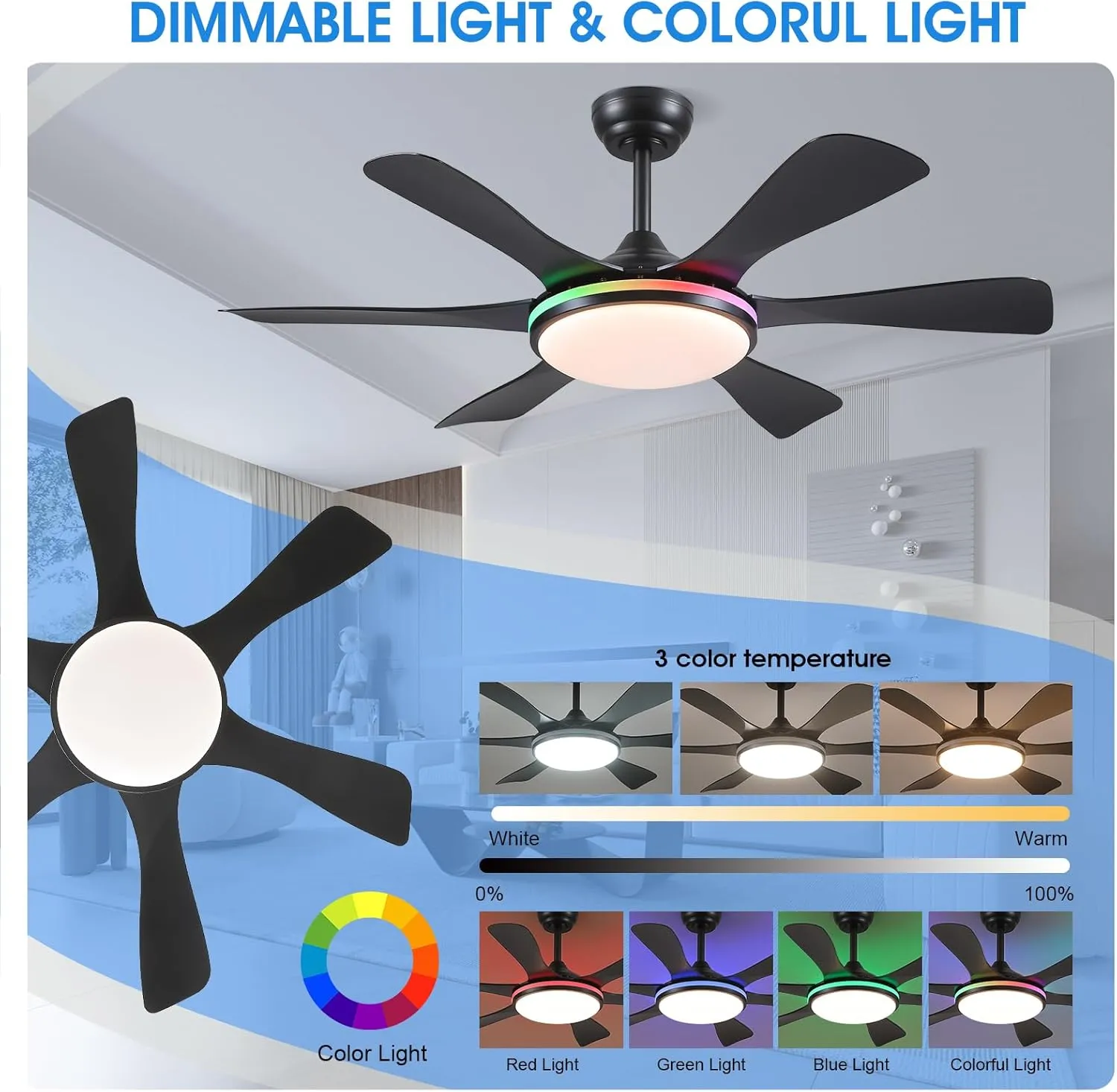 Ceiling Fans with Lights-47 Low Profile Ceiling Fan with 7-Color RGB Light and Remote/APP Control,Flush Mount,DC Reversible,LED Dimmable Black Ceiling Fans for Bedroom,Indoor/Outdoor Patio