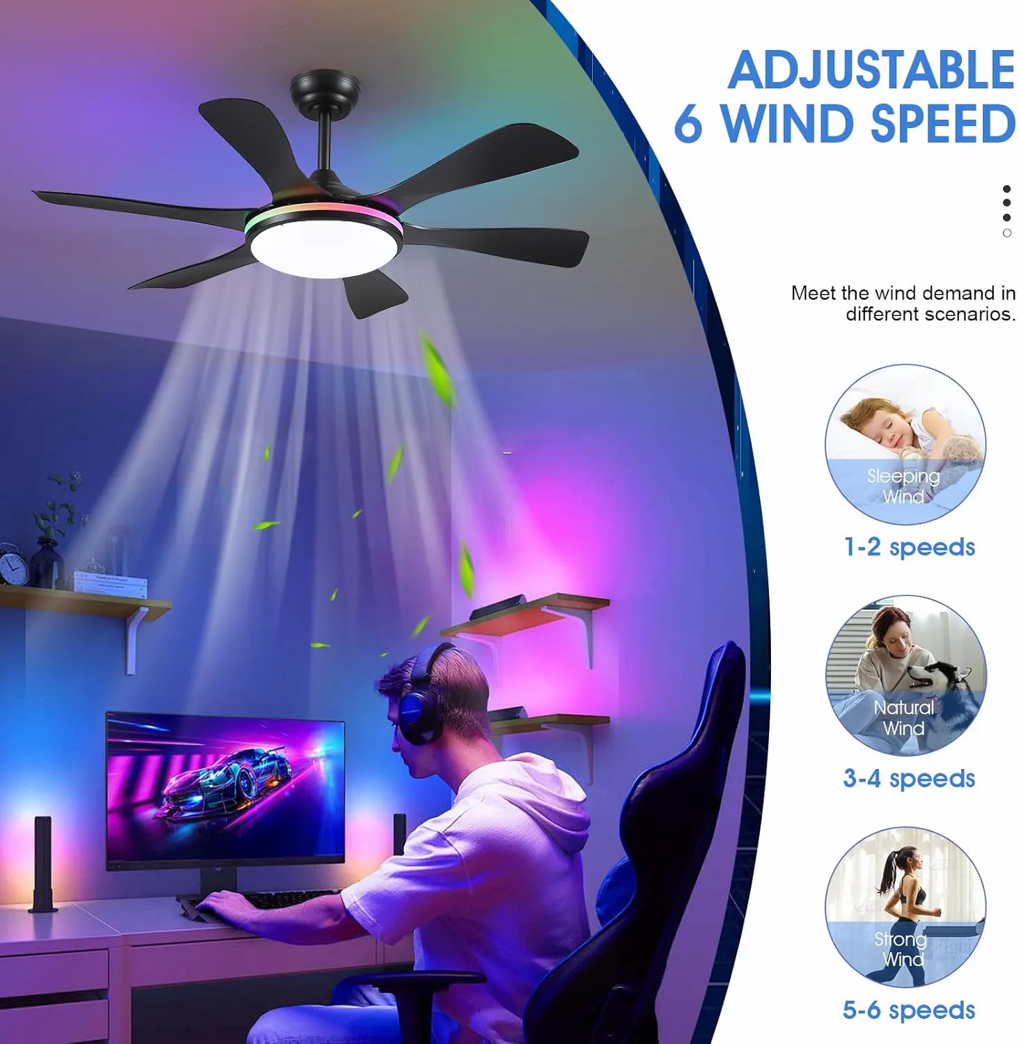 Ceiling Fans with Lights-47 Low Profile Ceiling Fan with 7-Color RGB Light and Remote/APP Control,Flush Mount,DC Reversible,LED Dimmable Black Ceiling Fans for Bedroom,Indoor/Outdoor Patio