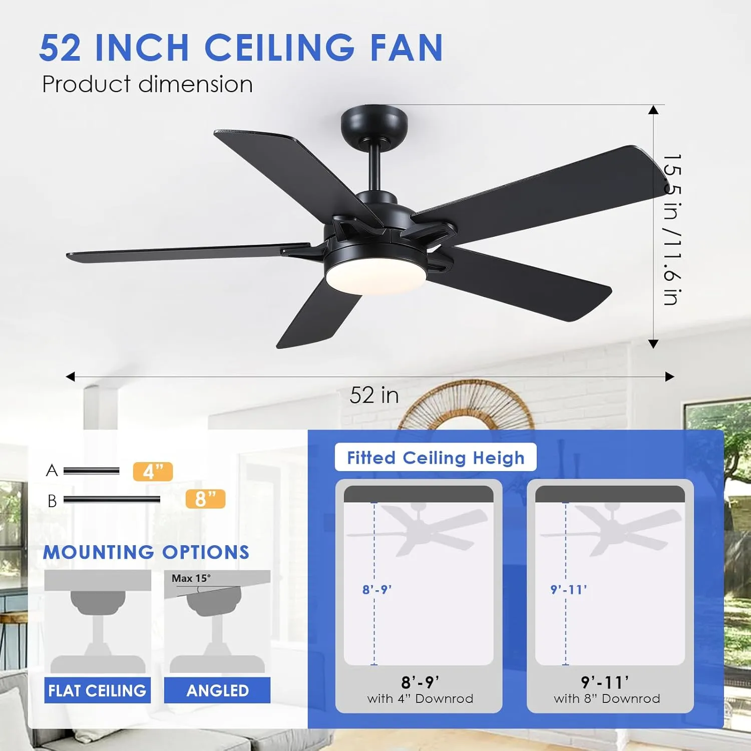 Ceiling Fans with Lights - 52 Inch Black Low Profile Ceiling Fan with Remote Control, 3CCT Dimmable Lighting, 6 Speeds Reversible, Modern Ceiling Fan Light for Indoor/Outdoor Use