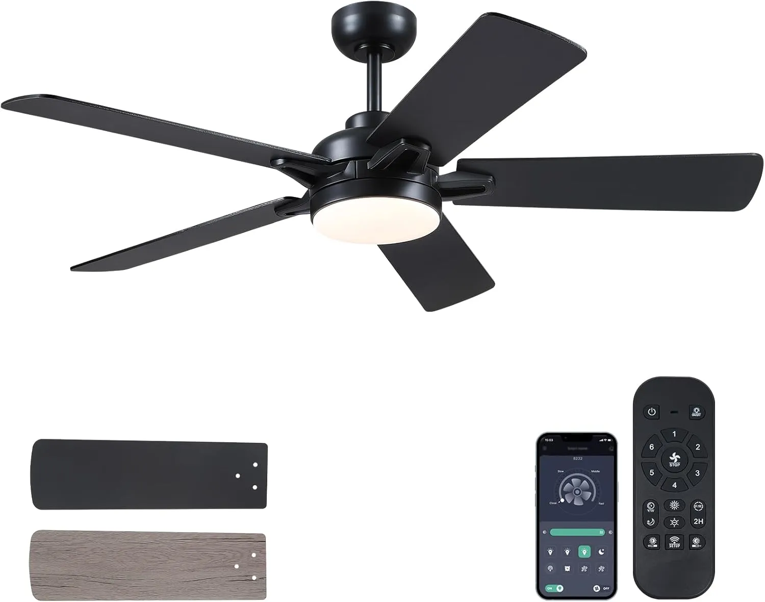 Ceiling Fans with Lights - 52 Inch Black Low Profile Ceiling Fan with Remote Control, 3CCT Dimmable Lighting, 6 Speeds Reversible, Modern Ceiling Fan Light for Indoor/Outdoor Use App-controlled remote fan for convenience