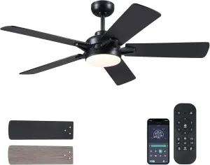 Ceiling Fans with Lights - 52 Inch Black Low Profile Ceiling Fan with Remote Control, 3CCT Dimmable Lighting, 6 Speeds Reversible, Modern Ceiling Fan Light for Indoor/Outdoor Use App-controlled remote fan for convenience