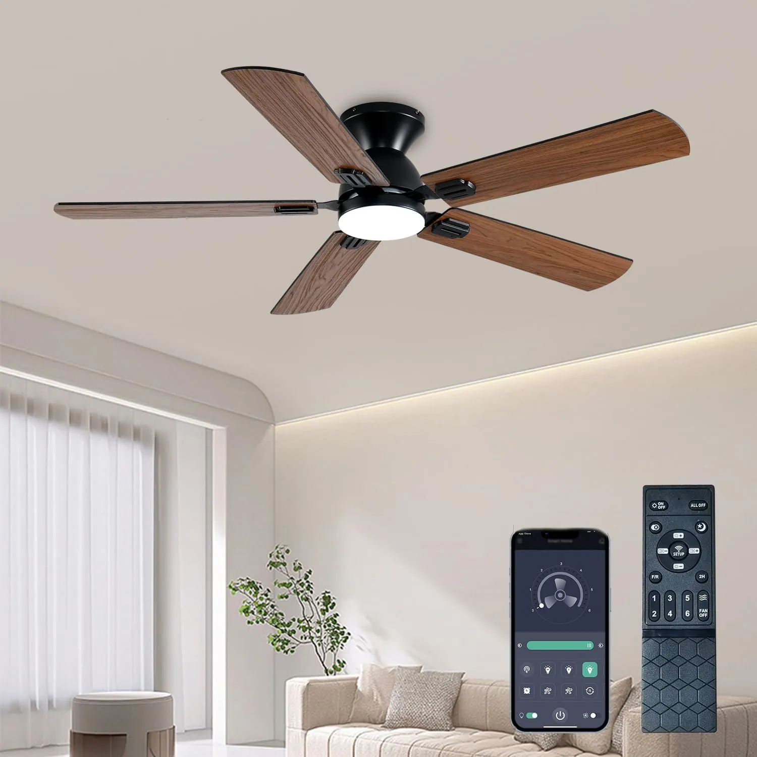 Ceiling Fans with Lights, 52 Inch Low Profile Ceiling Fan with Light and Remote, Flush Mount Ceiling Fan, 3CCT, Dimmable, Noiseless, Ceiling Light Fan for Bedroom, Indoor/Outdoor Use,Brown App-controlled remote fan for convenience
