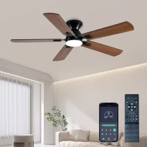 Ceiling Fans with Lights, 52 Inch Low Profile Ceiling Fan with Light and Remote, Flush Mount Ceiling Fan, 3CCT, Dimmable, Noiseless, Ceiling Light Fan for Bedroom, Indoor/Outdoor Use,Brown App-controlled remote fan for convenience
