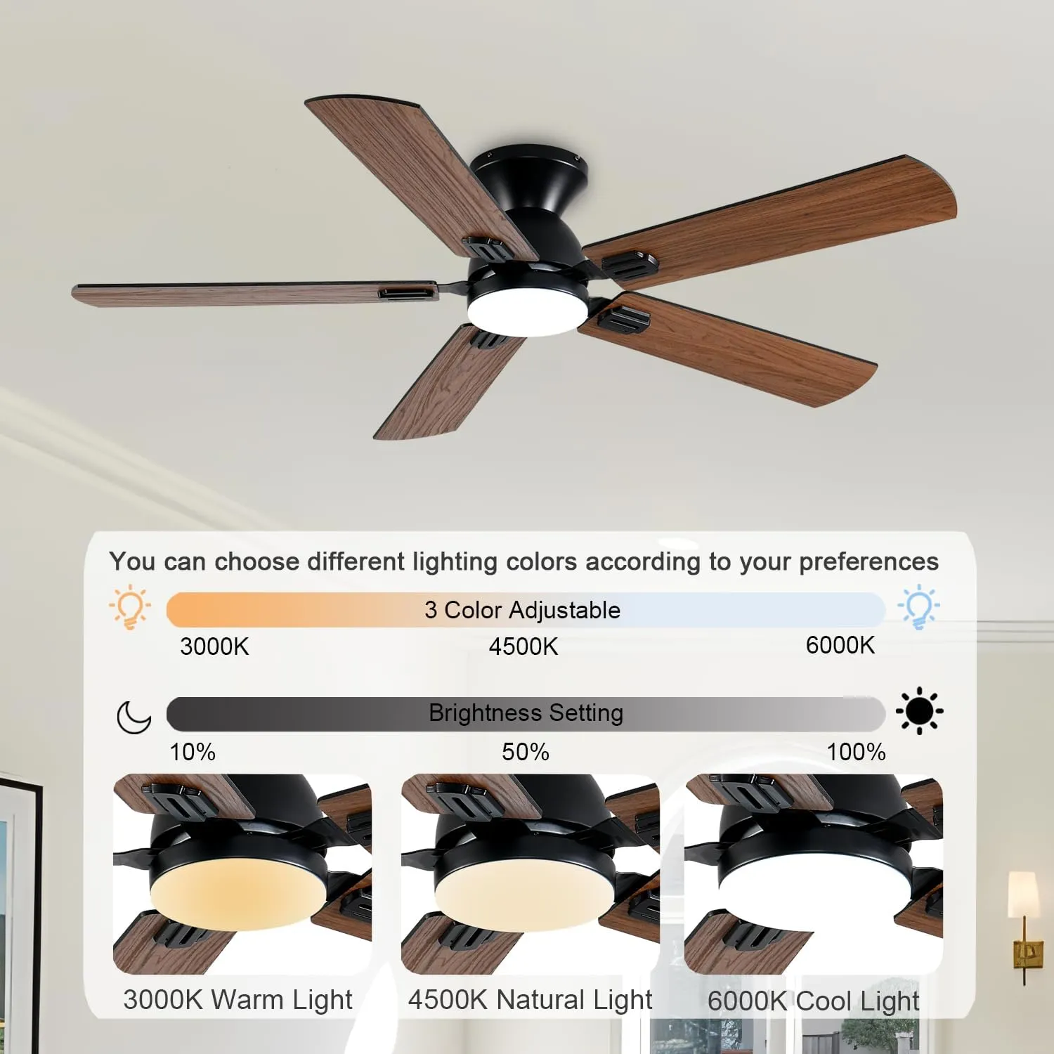 Ceiling Fans with Lights, 52 Inch Low Profile Ceiling Fan with Light and Remote, Flush Mount Ceiling Fan, 3CCT, Dimmable, Noiseless, Ceiling Light Fan for Bedroom, Indoor/Outdoor Use,Brown