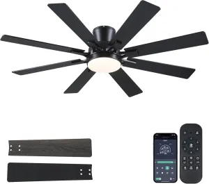 Ceiling Fans with Lights- 52" Low Profile Indoor Ceiling Fan with Light and Remote/APP Control, 8 Blade,Flush Mount, LED Dimmable DC Reversible Modern Ceiling Fan for BedroomBlack App-controlled remote fan for convenience