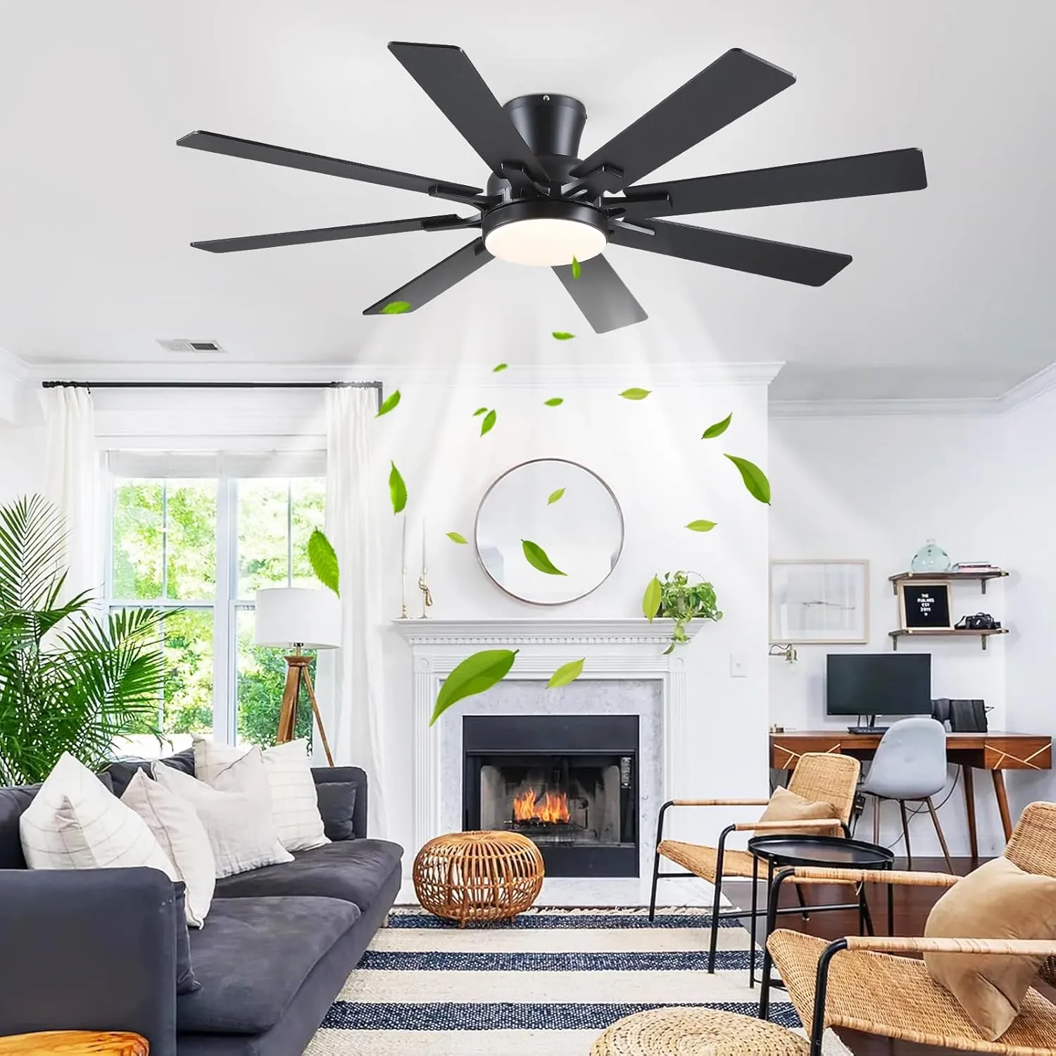 Ceiling Fans with Lights- 52" Low Profile Indoor Ceiling Fan with Light and Remote/APP Control, 8 Blade,Flush Mount, LED Dimmable DC Reversible Modern Ceiling Fan for BedroomBlack