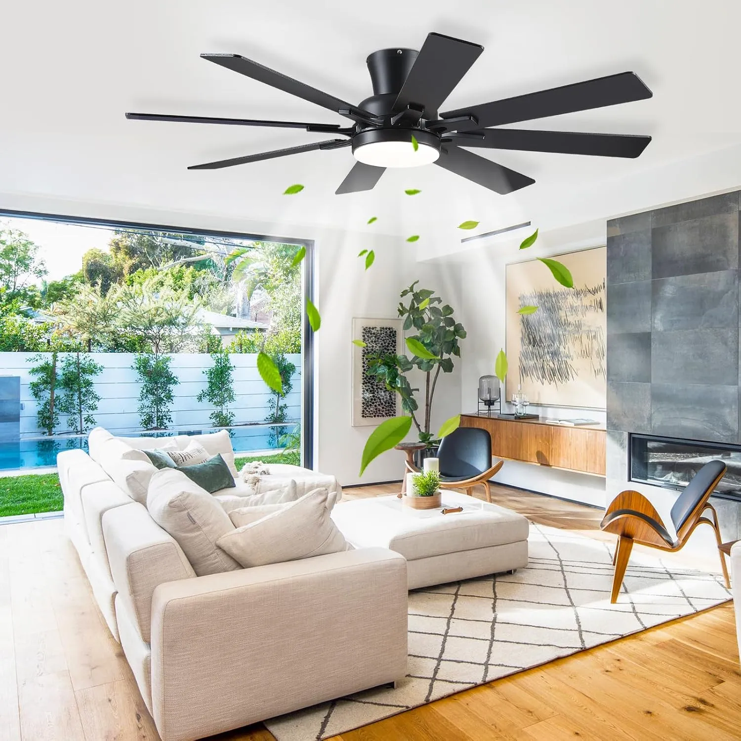 Ceiling Fans with Lights- 52" Low Profile Indoor Ceiling Fan with Light and Remote/APP Control, 8 Blade,Flush Mount, LED Dimmable DC Reversible Modern Ceiling Fan for BedroomBlack