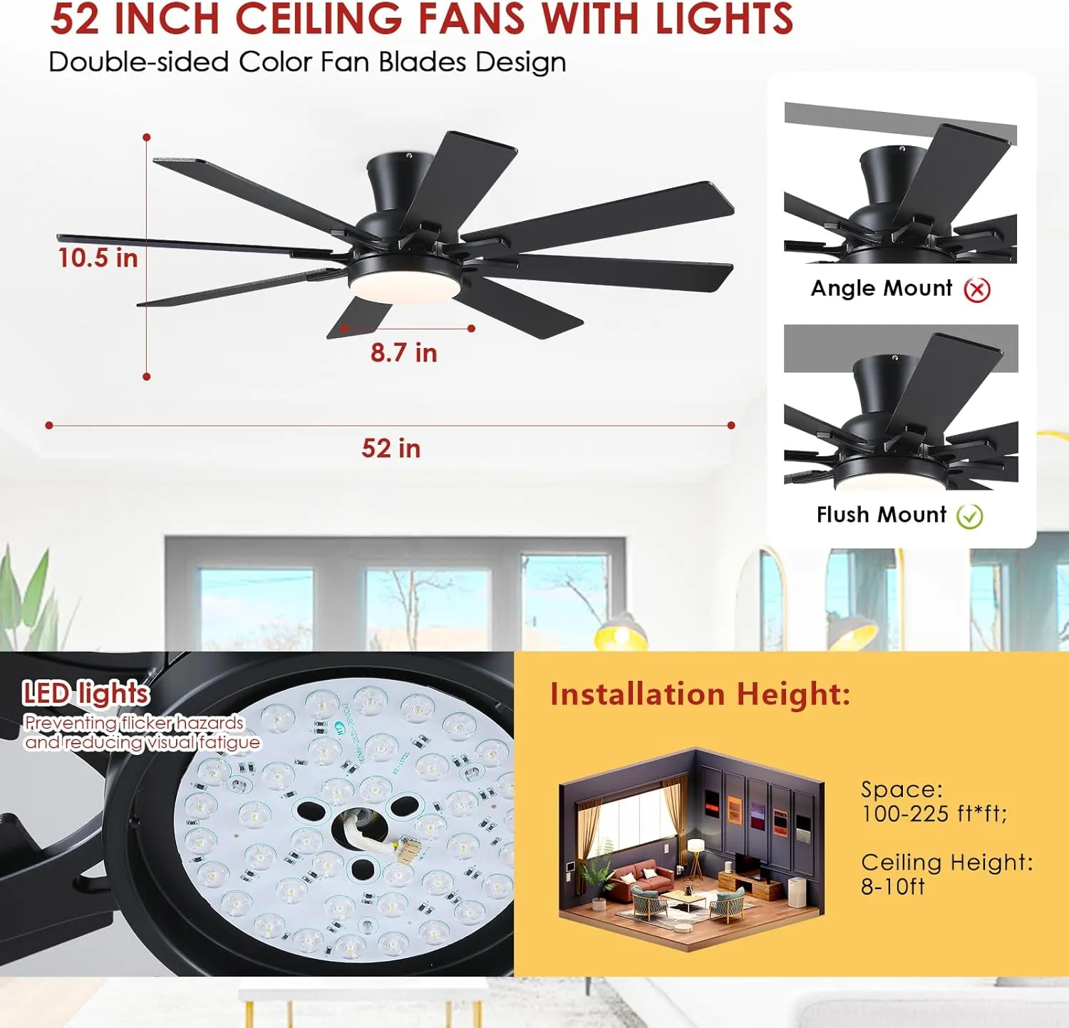 Ceiling Fans with Lights- 52" Low Profile Indoor Ceiling Fan with Light and Remote/APP Control, 8 Blade,Flush Mount, LED Dimmable DC Reversible Modern Ceiling Fan for BedroomBlack