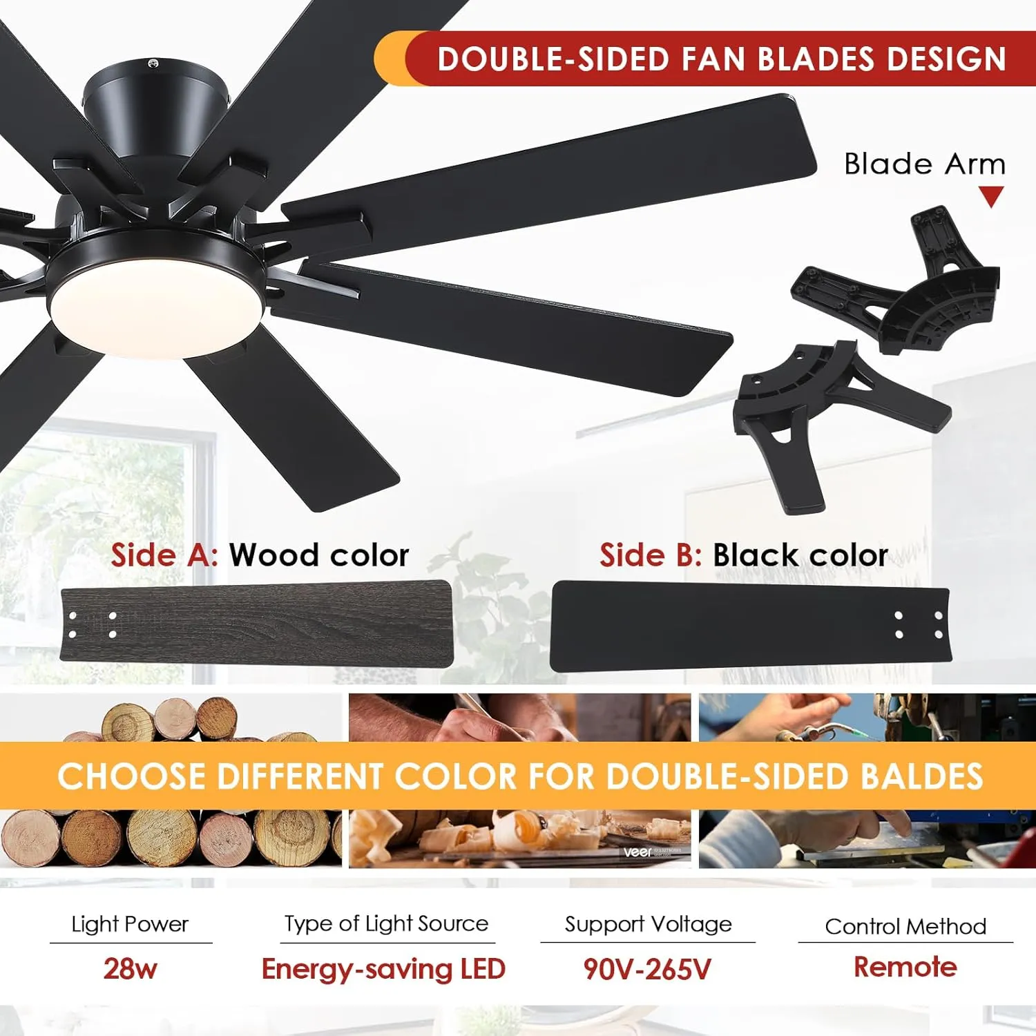 Ceiling Fans with Lights- 52" Low Profile Indoor Ceiling Fan with Light and Remote/APP Control, 8 Blade,Flush Mount, LED Dimmable DC Reversible Modern Ceiling Fan for BedroomBlack