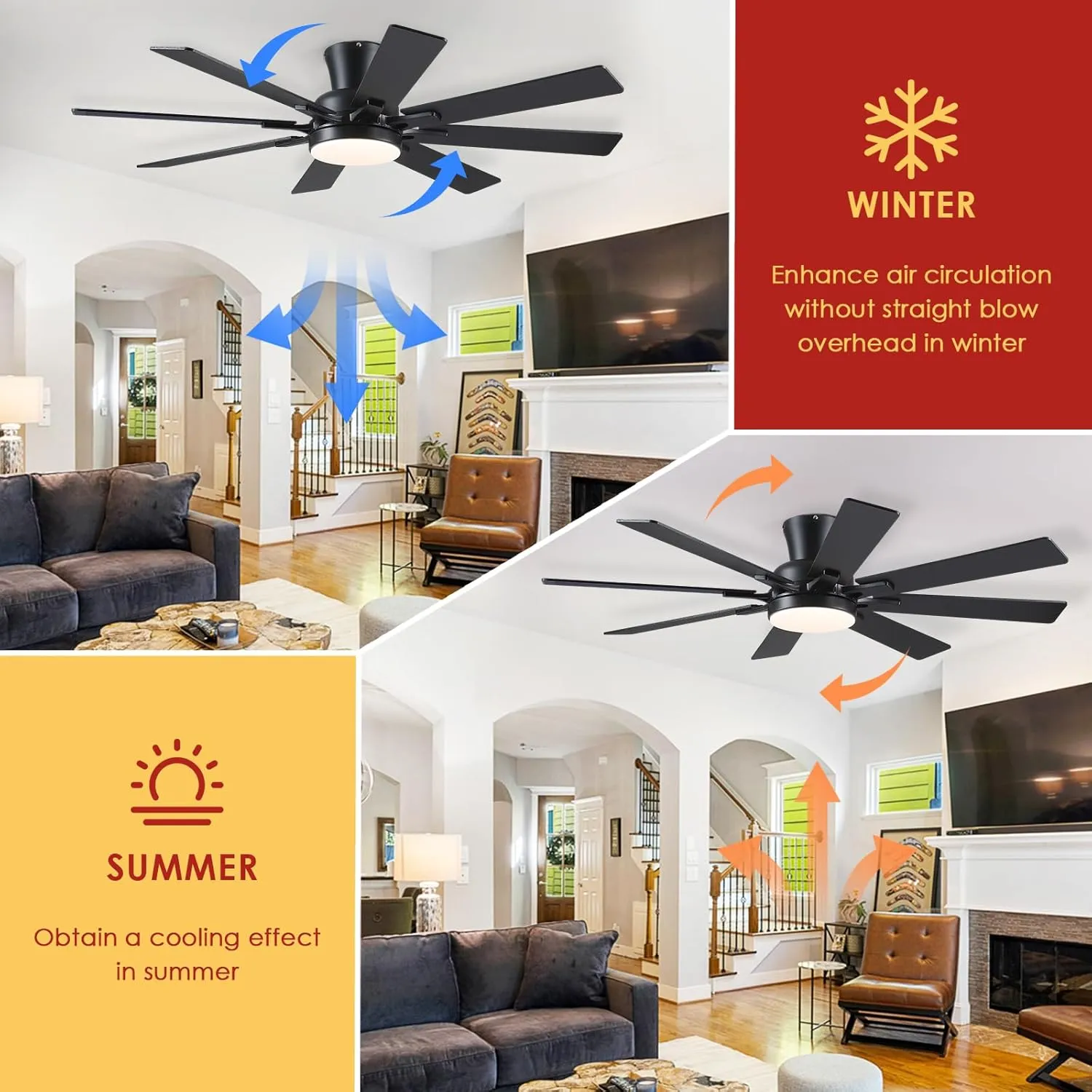 Ceiling Fans with Lights- 52" Low Profile Indoor Ceiling Fan with Light and Remote/APP Control, 8 Blade,Flush Mount, LED Dimmable DC Reversible Modern Ceiling Fan for BedroomBlack