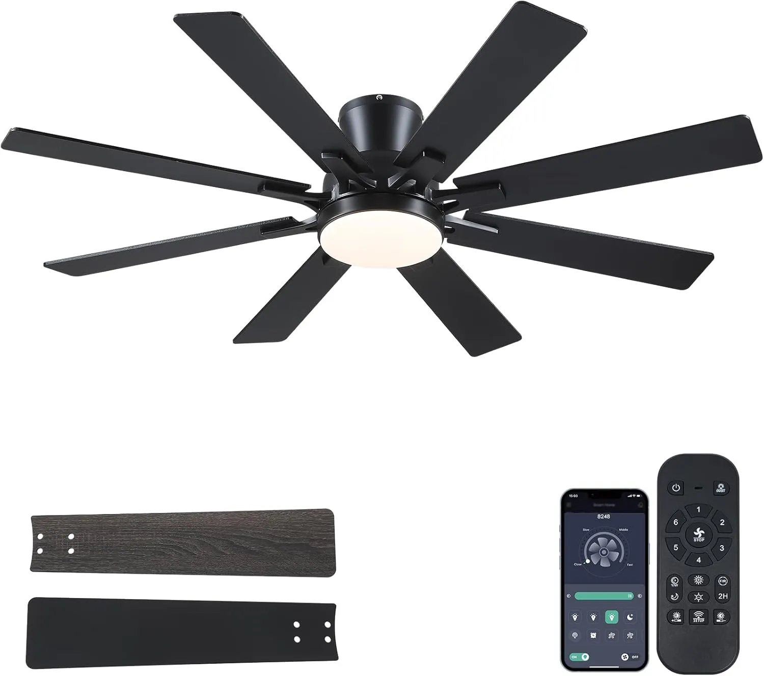 Ceiling Fans with Lights- 52" Low Profile Indoor Ceiling Fan with Light and Remote/APP Control, 8 Blade,Flush Mount, LED Dimmable DC Reversible Modern Ceiling Fan for BedroomBlack App-controlled remote fan for convenience
