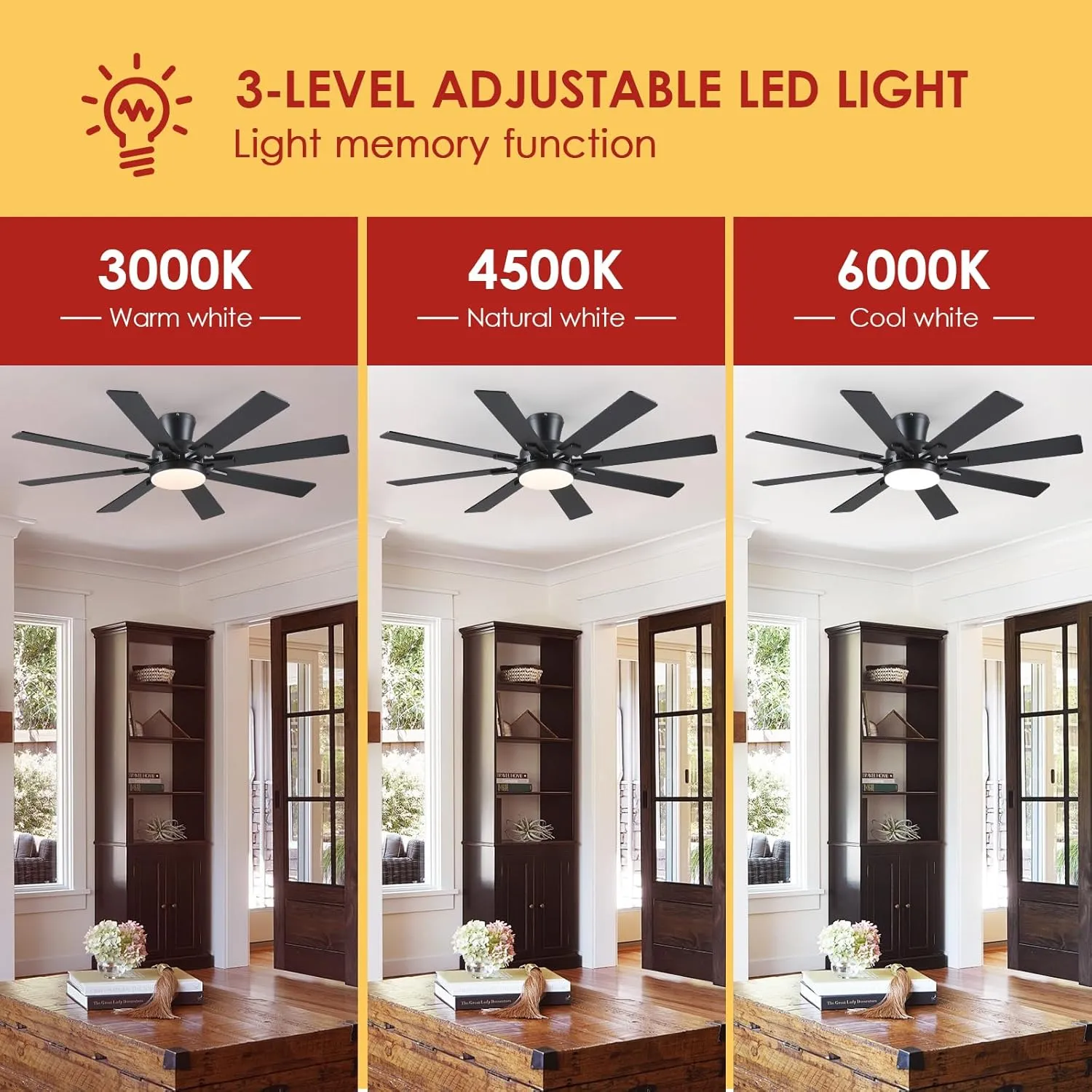 Ceiling Fans with Lights- 52" Low Profile Indoor Ceiling Fan with Light and Remote/APP Control, 8 Blade,Flush Mount, LED Dimmable DC Reversible Modern Ceiling Fan for BedroomBlack