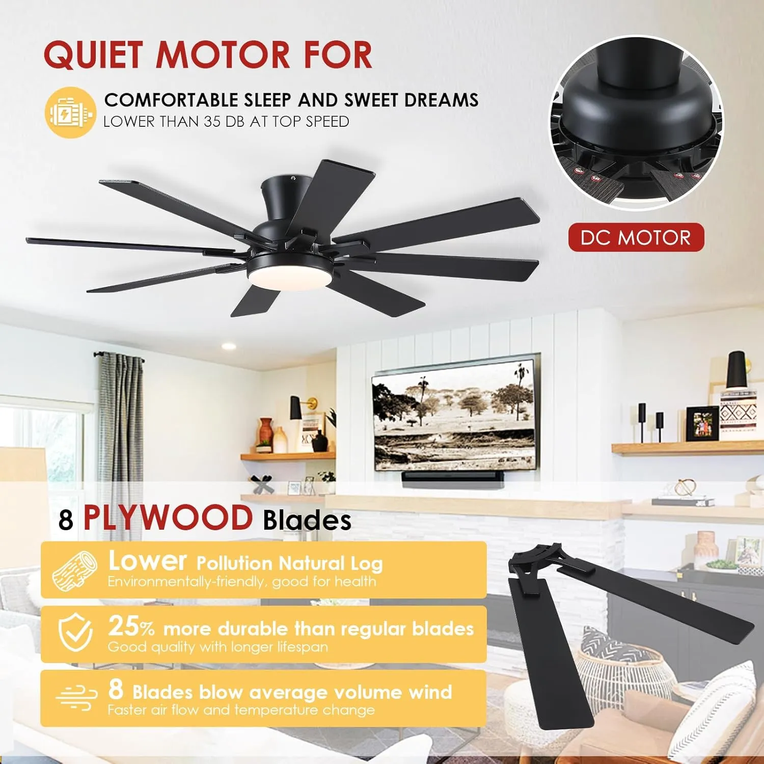 Ceiling Fans with Lights- 52" Low Profile Indoor Ceiling Fan with Light and Remote/APP Control, 8 Blade,Flush Mount, LED Dimmable DC Reversible Modern Ceiling Fan for BedroomBlack