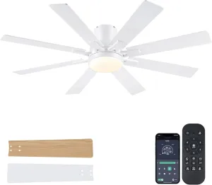 Ceiling Fans with Lights- 52" Low Profile Indoor Ceiling Fan with Light and Remote/APP Control, 8 Blade,Flush Mount, LED Dimmable DC Reversible Modern Ceiling Fan for BedroomWhite App-controlled remote fan for convenience