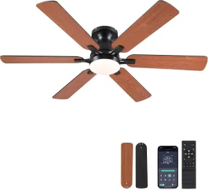 Ceiling Fans with Lights- 52" Low Profile Indoor Ceiling Fan with Light and Remote/APP Control, Flush Mount, 6 Blade, LED Dimmable DC Reversible Modern Ceiling Fan for BedroomBrown App-controlled remote fan for convenience