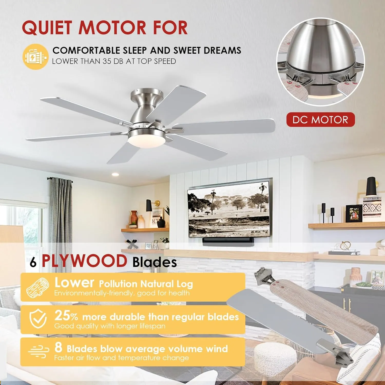 Ceiling Fans with Lights- 52" Low Profile Indoor Ceiling Fan with Light and Remote/APP Control, Flush Mount, 6 Blade, LED Dimmable DC Reversible Modern Ceiling Fan for BedroomBrushed Nickel