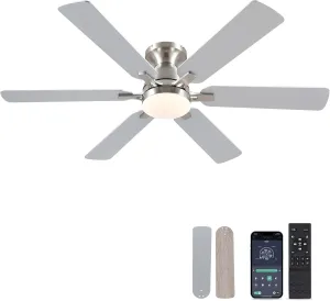 Ceiling Fans with Lights- 52" Low Profile Indoor Ceiling Fan with Light and Remote/APP Control, Flush Mount, 6 Blade, LED Dimmable DC Reversible Modern Ceiling Fan for BedroomBrushed Nickel App-controlled remote fan for convenience