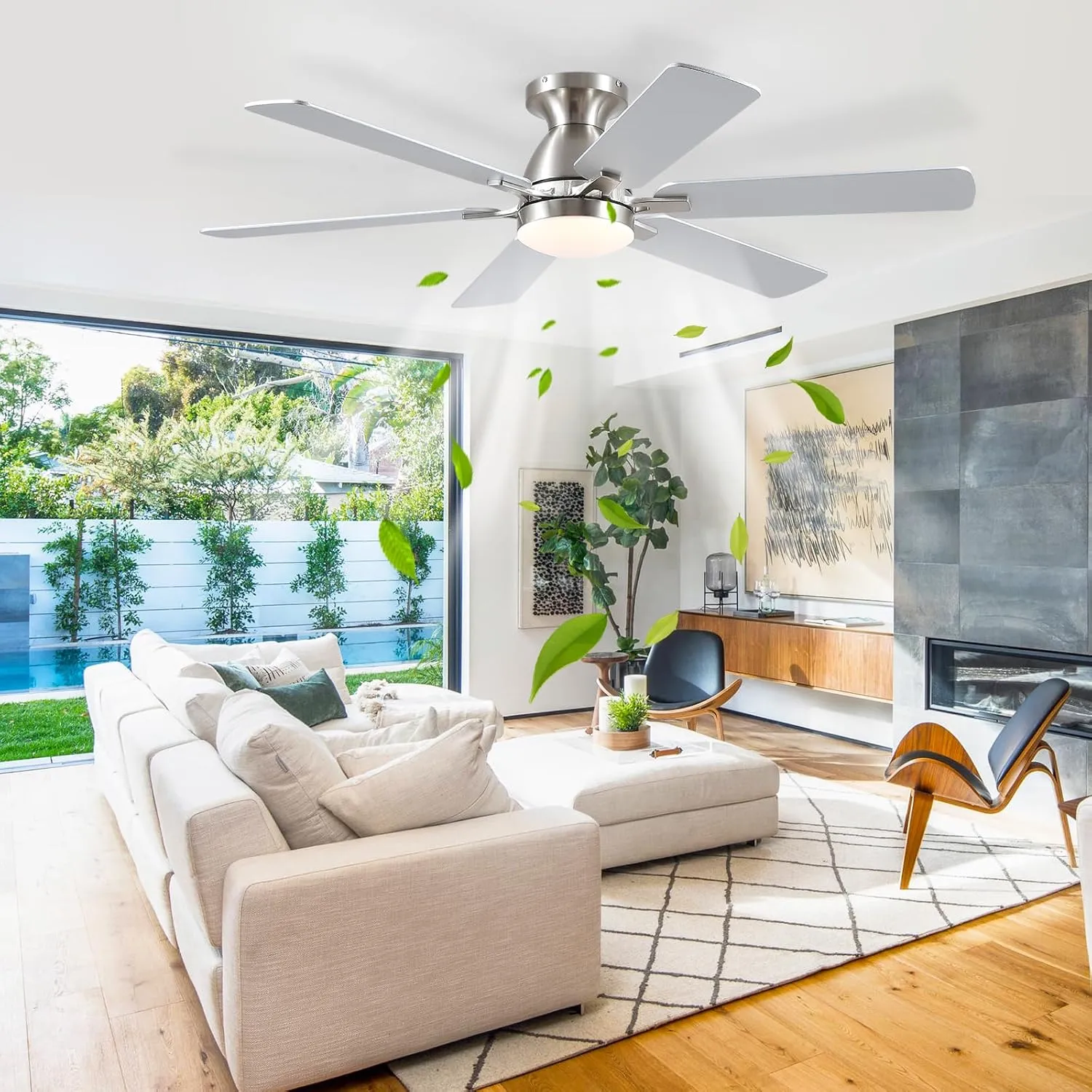 Ceiling Fans with Lights- 52" Low Profile Indoor Ceiling Fan with Light and Remote/APP Control, Flush Mount, 6 Blade, LED Dimmable DC Reversible Modern Ceiling Fan for BedroomBrushed Nickel