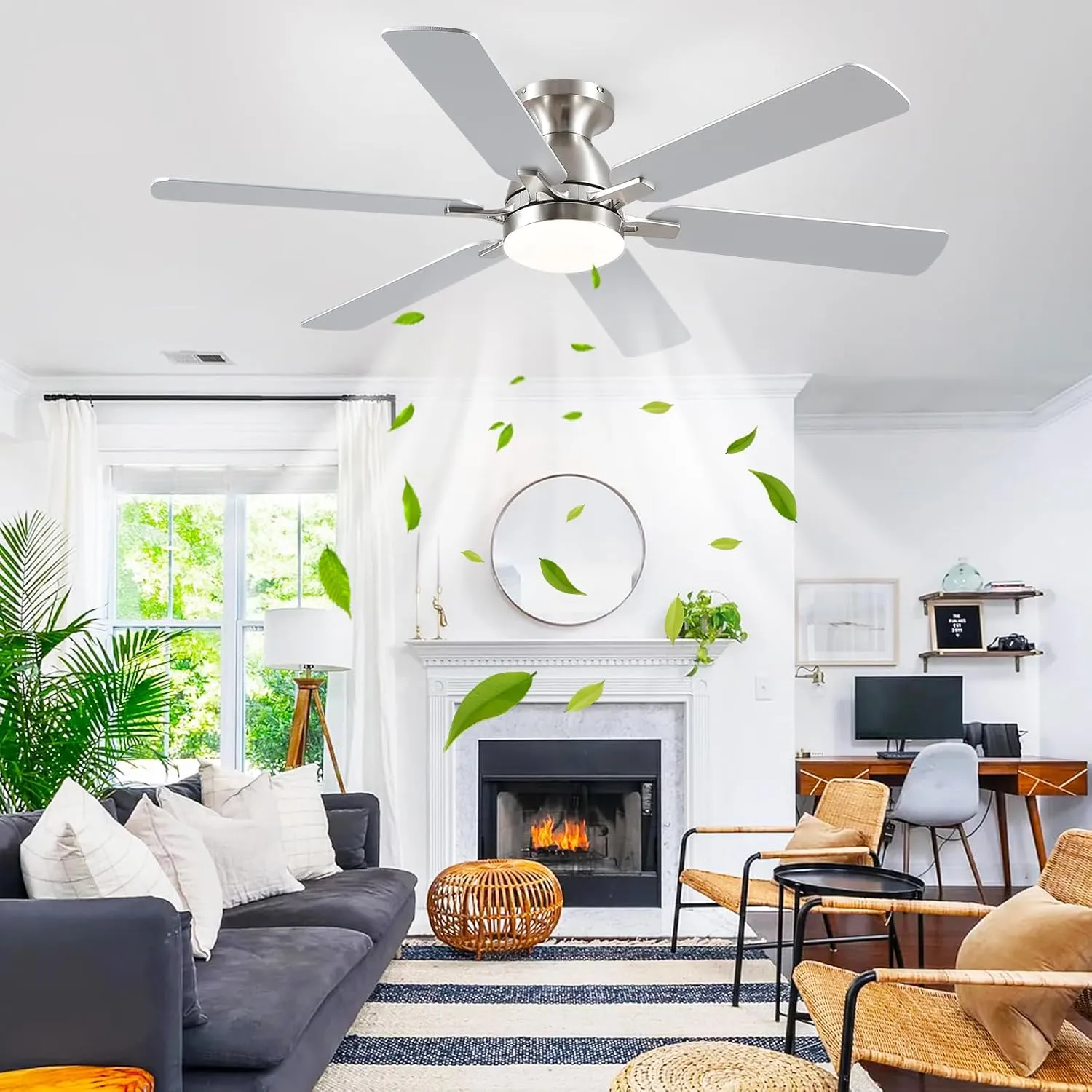 Ceiling Fans with Lights- 52" Low Profile Indoor Ceiling Fan with Light and Remote/APP Control, Flush Mount, 6 Blade, LED Dimmable DC Reversible Modern Ceiling Fan for BedroomBrushed Nickel