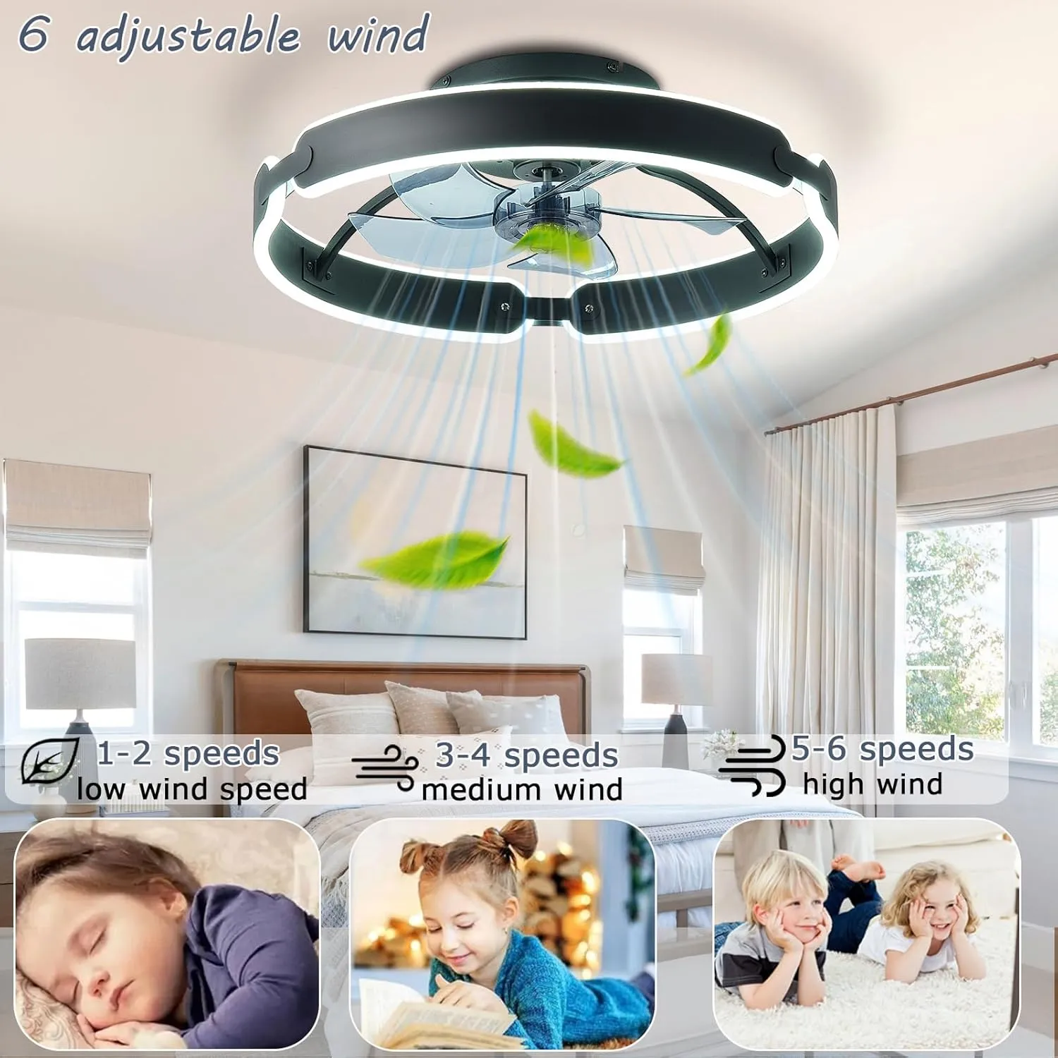 Ceiling Fans with Lights and Remote, 20'' Low Profile Ceiling Fan, 3000-6000K Dimmable Modern Flush Mount LED Fan Light, 6 Wind Speeds Black Ceiling Fans for Bedroom