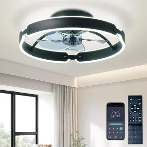 Ceiling Fans with Lights and Remote, 20'' Low Profile Ceiling Fan, 3000-6000K Dimmable Modern Flush Mount LED Fan Light, 6 Wind Speeds Black Ceiling Fans for Bedroom Small bladeless fan for quiet cooling