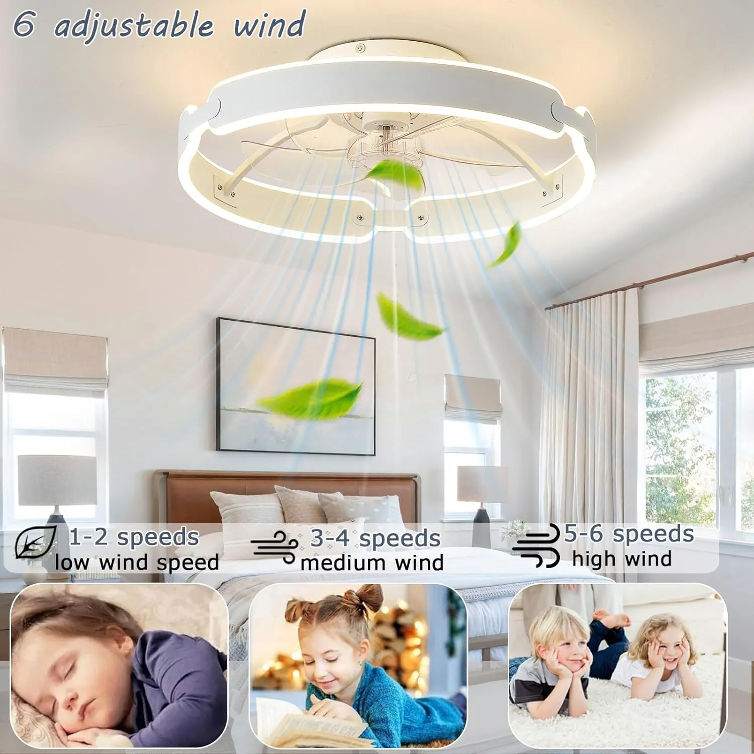 Ceiling Fans with Lights and Remote, 20'' Low Profile Ceiling Fan, 3000-6000K Dimmable Modern Flush Mount LED Fan Light, 6 Wind Speeds White Ceiling Fans for Bedroom
