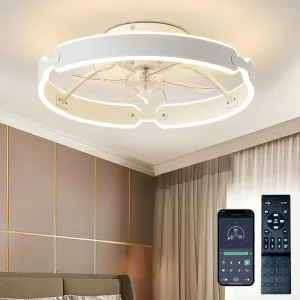 Ceiling Fans with Lights and Remote, 20'' Low Profile Ceiling Fan, 3000-6000K Dimmable Modern Flush Mount LED Fan Light, 6 Wind Speeds White Ceiling Fans for Bedroom Small bladeless fan for quiet cooling