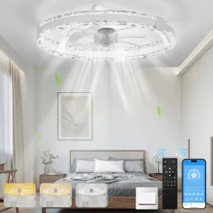 Ceiling Fans with Lights and Remote, 20'' Low Profile Flush Mount Ceiling Fan with 6 Speeds & 3 Color Temperature, 3000-6500K Dimmable Led Fandelier for Bedroom Livingroom, White Small bladeless fan for quiet cooling