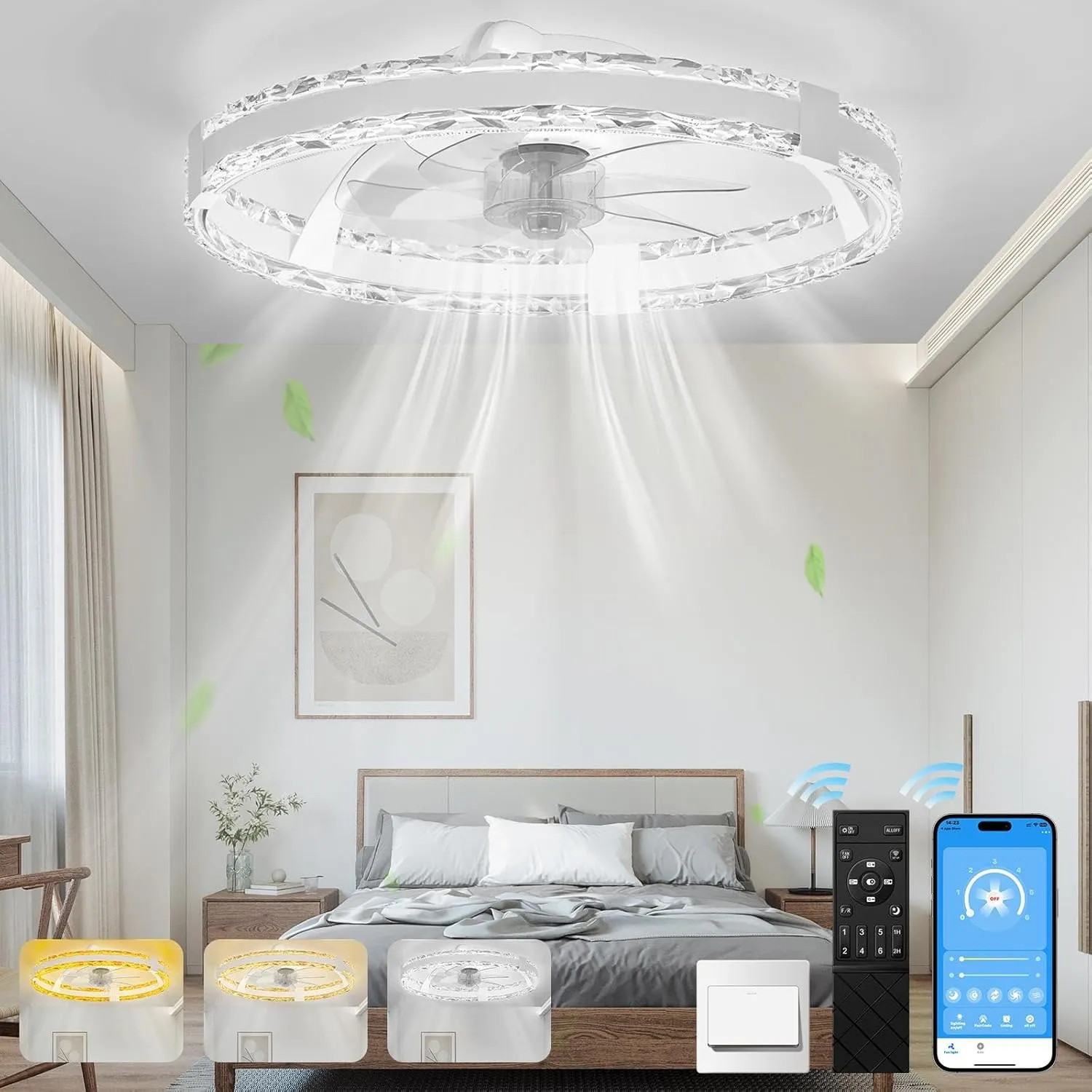 Ceiling Fans with Lights and Remote, 20'' Low Profile Flush Mount Ceiling Fan with 6 Speeds & 3 Color Temperature, 3000-6500K Dimmable Led Fandelier for Bedroom Livingroom, White Small bladeless fan for quiet cooling