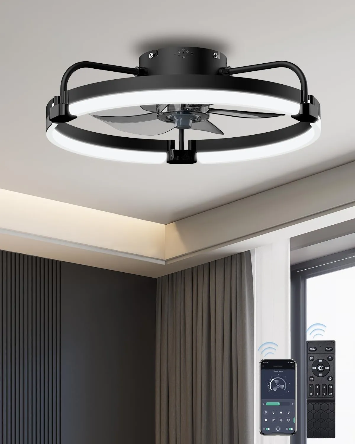 Ceiling Fans with Lights and Remote, 20" Low Profile Ceing Fans with 6 Wind Speeds, 3000K-6500K Dimmable Modern Ceiling Fan for Bedroom, Black Small bladeless fan for quiet cooling