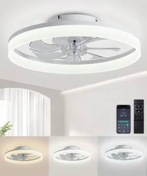 Ceiling Fans with Lights and Remote, 20" Modern Low Profile Ceiling Fan with Light, Stepless Color Temperature Change and 6 Speeds, Flush Mount Ceiling Fans for Bedroom, Kids Room.White Small bladeless fan for quiet cooling